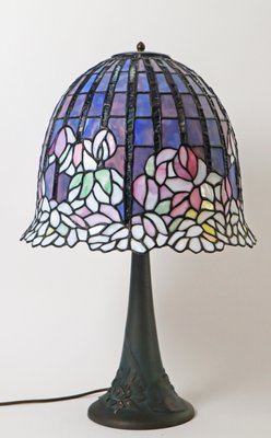 Large Glass Mosaic Table Lamp with Bronze Water Lily Lamp Base in the style of Tiffany-ESB-2027970