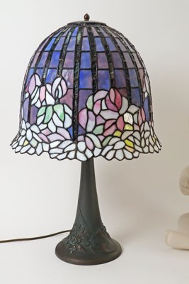 Large Glass Mosaic Table Lamp with Bronze Water Lily Lamp Base in the style of Tiffany-ESB-2027970