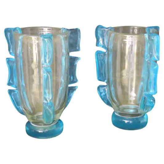 Large Gold and Turquoise Blue Murano Glass Vases by Costantini, 1980s, Set of 2