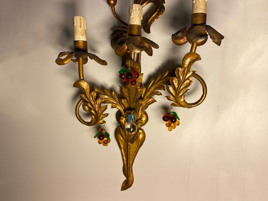 Large Gold Gilded Murano Glass Fruit Sconces, 1950s, Set of 2-JJC-697157