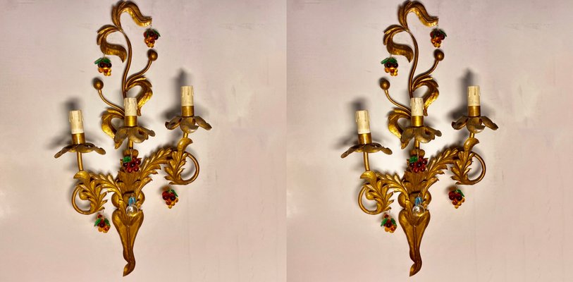 Large Gold Gilded Murano Glass Fruit Sconces, 1950s, Set of 2-JJC-697157