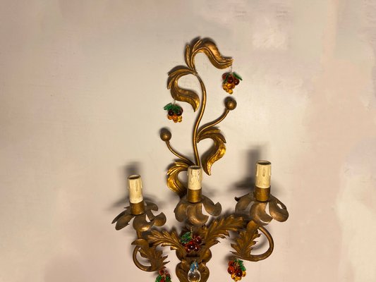 Large Gold Gilded Murano Glass Fruit Sconces, 1950s, Set of 2-JJC-697157