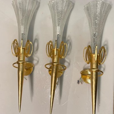 Large Gold Gilded Murano Glass Sconces, Set of 3-JJC-1284344