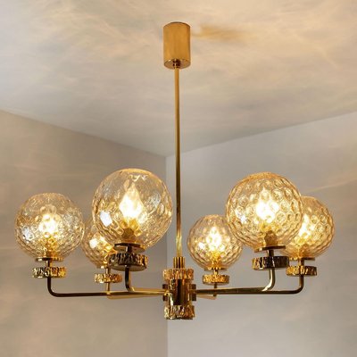 Large Gold-Plated Blown Glass Chandelier in the Style of Brotto, Italy, 1970s-VDW-729724