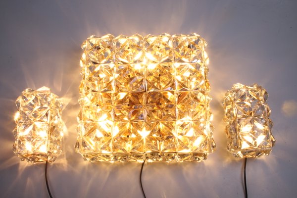 Large Gold-Plated & Crystal Glass Flush Mount or Wall Lamps from Kinkeldey, 1970s, Set of 3-EZZ-946698