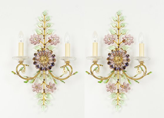 Large Gorgeous Flower Sconces Gilt Faceted Crystal Glass Bagues from Palwa, 1970s, Set of 2-UGR-1723557