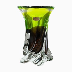 Large Green & Brown Hand Blown Crystal Glass Vase from Joska, Germany, 1970s-QZ-1053157