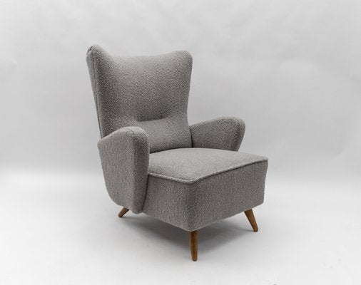 Large Grey Boucle Fabric Wingback Armchair, Italy, 1950s-KQB-1777163