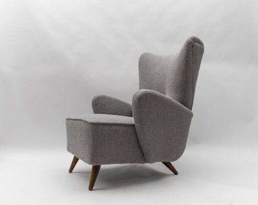 Large Grey Boucle Fabric Wingback Armchair, Italy, 1950s-KQB-1777163