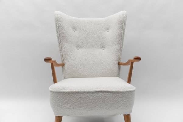 Large Grey Boucle Fabric Wingback Armchairs with Ergonomic Armrests, 1950s-KQB-1778113