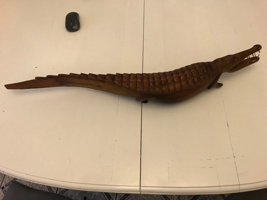 Large Hand-Carved Mahogany Crocodile Sculpture, 1970s-WQQ-1326345