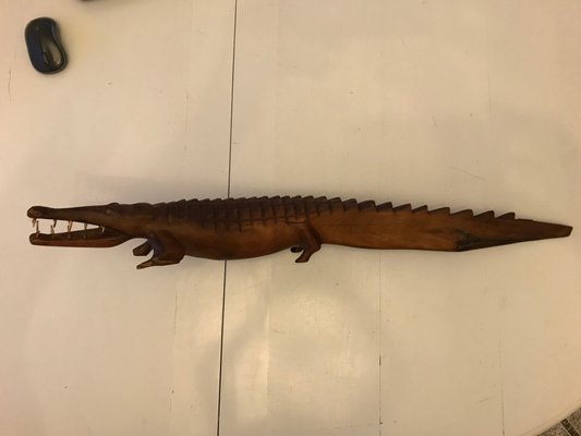 Large Hand-Carved Mahogany Crocodile Sculpture, 1970s-WQQ-1326345