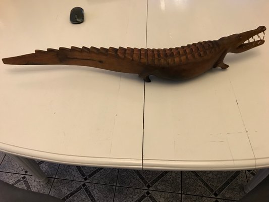 Large Hand-Carved Mahogany Crocodile Sculpture, 1970s-WQQ-1326345