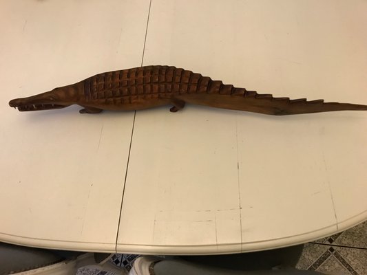 Large Hand-Carved Mahogany Crocodile Sculpture, 1970s-WQQ-1326345