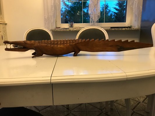 Large Hand-Carved Mahogany Crocodile Sculpture, 1970s-WQQ-1326345