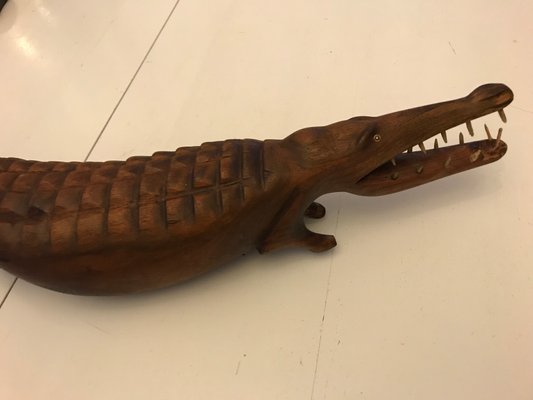 Large Hand-Carved Mahogany Crocodile Sculpture, 1970s-WQQ-1326345