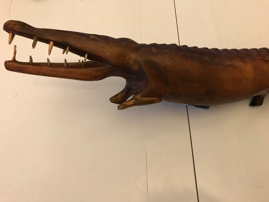 Large Hand-Carved Mahogany Crocodile Sculpture, 1970s-WQQ-1326345