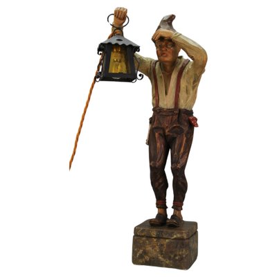 Large Hand-Carved Wooden Sculpture Man with a Lantern, 1930s-KEG-1732612