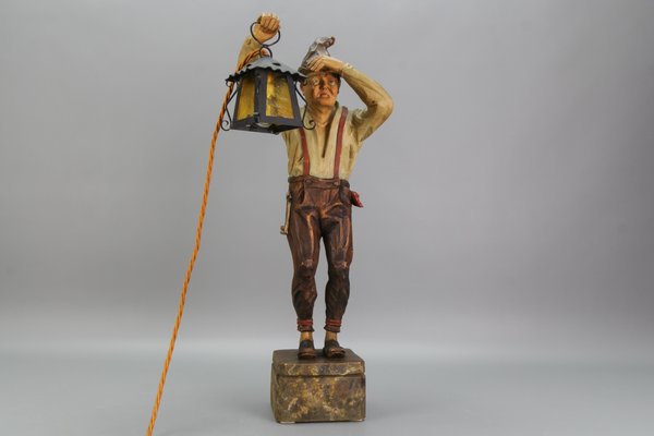 Large Hand-Carved Wooden Sculpture Man with a Lantern, 1930s-KEG-1732612