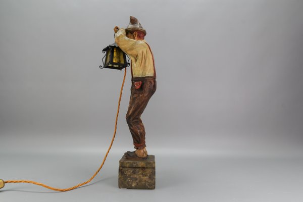 Large Hand-Carved Wooden Sculpture Man with a Lantern, 1930s-KEG-1732612