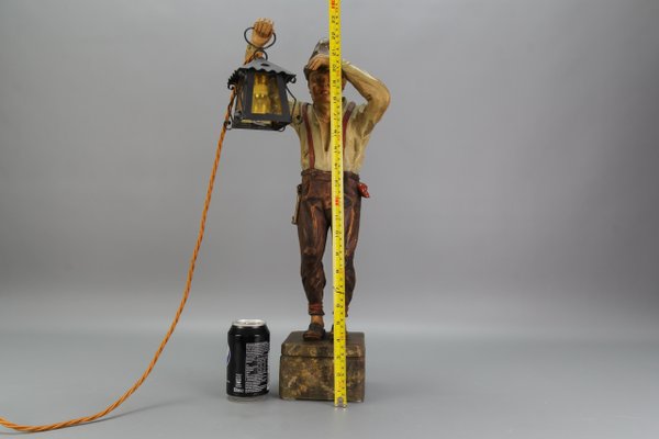 Large Hand-Carved Wooden Sculpture Man with a Lantern, 1930s-KEG-1732612