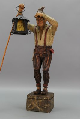 Large Hand-Carved Wooden Sculpture Man with a Lantern, 1930s-KEG-1732612