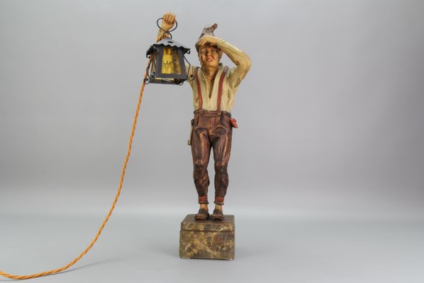 Large Hand-Carved Wooden Sculpture Man with a Lantern, 1930s-KEG-1732612