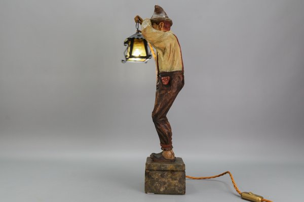 Large Hand-Carved Wooden Sculpture Man with a Lantern, 1930s-KEG-1732612