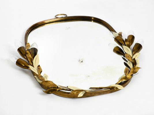 Large Heavy Mid-Century Floral Brass Mirror with Lamps from Vereinigte Werkstätten-RR-974450