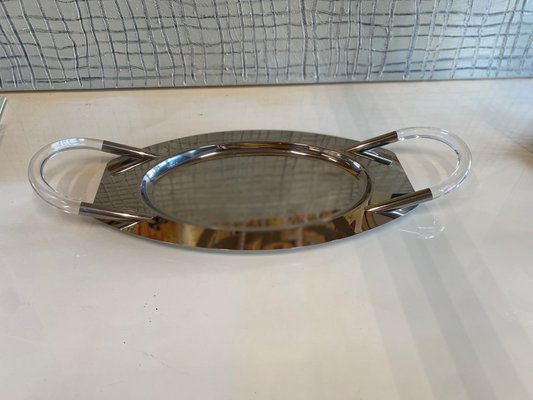 Large Hollywood Regency Oval Tray with Acrylic Glass Handles-JO-1335478