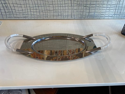 Large Hollywood Regency Oval Tray with Acrylic Glass Handles-JO-1335478