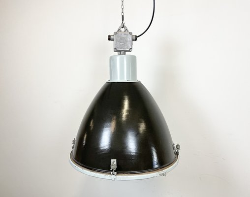 Large Industrial Black Enamel Factory Ceiling Lamp with Glass Cover from Elektrosvit, 1960s-CGF-1233925