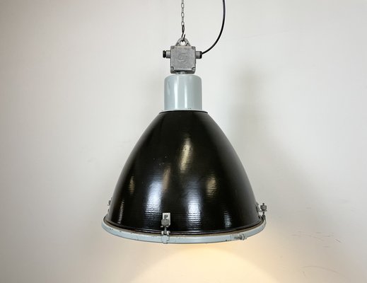 Large Industrial Black Enamel Factory Ceiling Lamp with Glass Cover from Elektrosvit, 1960s-CGF-1233925