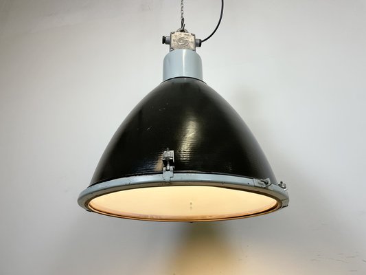 Large Industrial Black Enamel Factory Ceiling Lamp with Glass Cover from Elektrosvit, 1960s-CGF-1233925