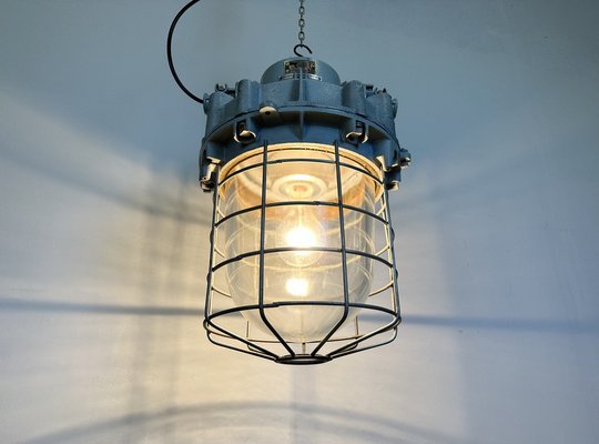 Large Industrial Grey Bunker Light with Iron Cage from Elektrosvit, 1970s-CGF-1731836