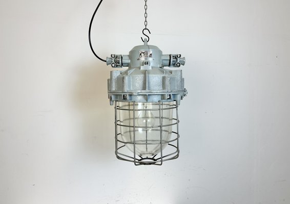 Large Industrial Grey Bunker Light with Iron Cage from Elektrosvit, 1970s-CGF-1731836