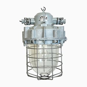 Large Industrial Grey Bunker Light with Iron Cage from Elektrosvit, 1970s-CGF-1731836