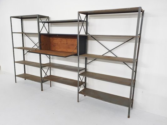 Large Industrial Metal & Wooden Wall Unit from Gispen, Netherlands, 1950s-ZO-1170649