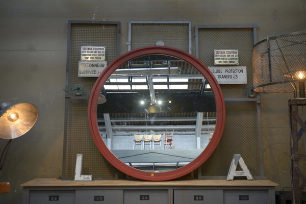 Large Industrial Round Wooden Mirror, 1920s-NEN-2043231