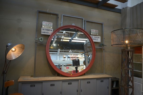 Large Industrial Round Wooden Mirror, 1920s-NEN-2043231