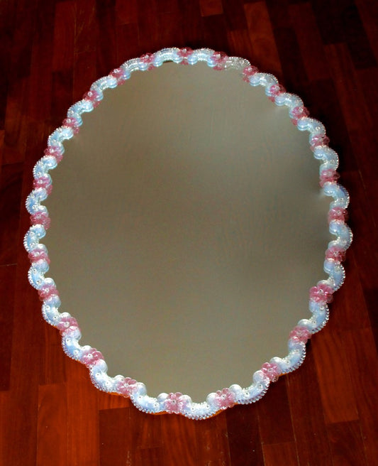 Large Iridescent Murano Glass 26 Rose Wall Mirror, Italy, 1960s