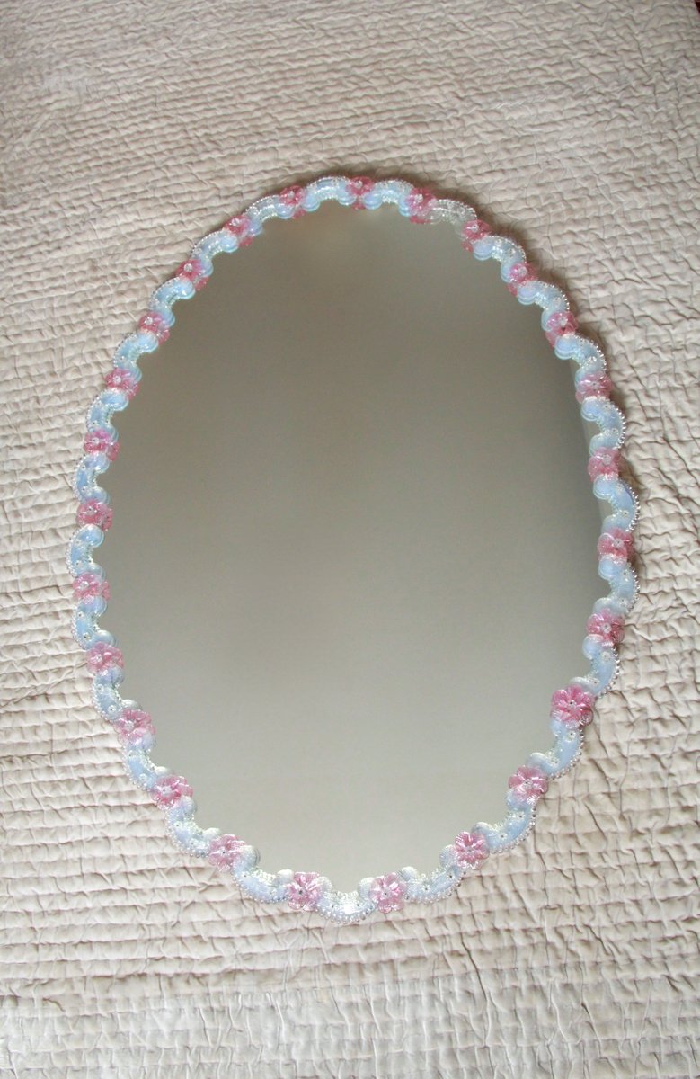 Large Iridescent Murano Glass 26 Rose Wall Mirror, Italy, 1960s