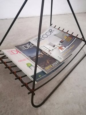 Large Iron and Rattan Magazine Rack, 1950s-UIW-1192173