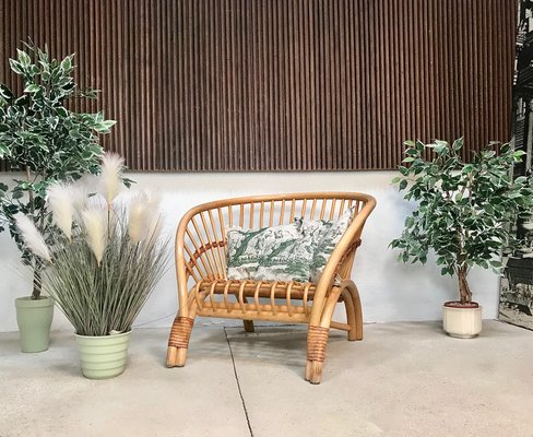 Large Italian Bamboo Lounge Chair with Leather Lacings, 1970s-JP-698639