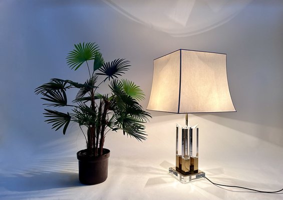 Large Italian Brass and Acrylic Glass Table Lamp with Integrated Light, 1970s-JP-1817968