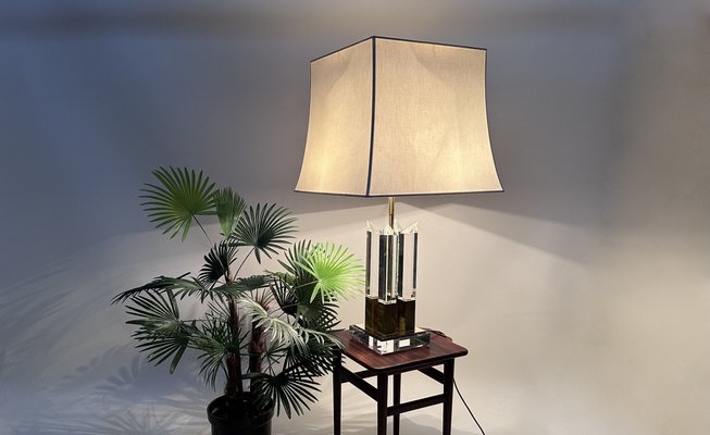 Large Italian Brass and Acrylic Glass Table Lamp with Integrated Light, 1970s-JP-1817968