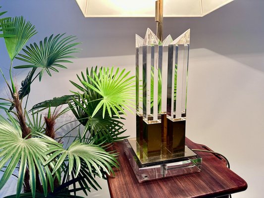 Large Italian Brass and Acrylic Glass Table Lamp with Integrated Light, 1970s-JP-1817968