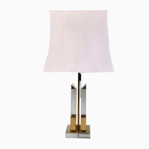 Large Italian Brass and Acrylic Glass Table Lamp with Integrated Light, 1970s-JP-1817968