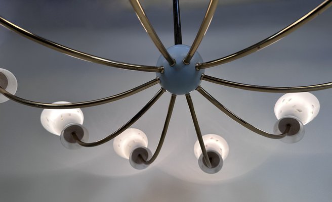 Large Italian Brass Sputnik 10-Light Chandelier with Opaline Glass Double-Cone Lampshades, 1950s-JP-1818025