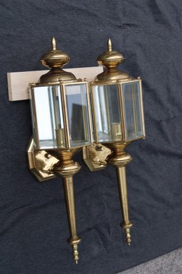 Large Italian Brass Wall Lanterns and Molated Windows, 1970s, Set of 2-EH-1278151